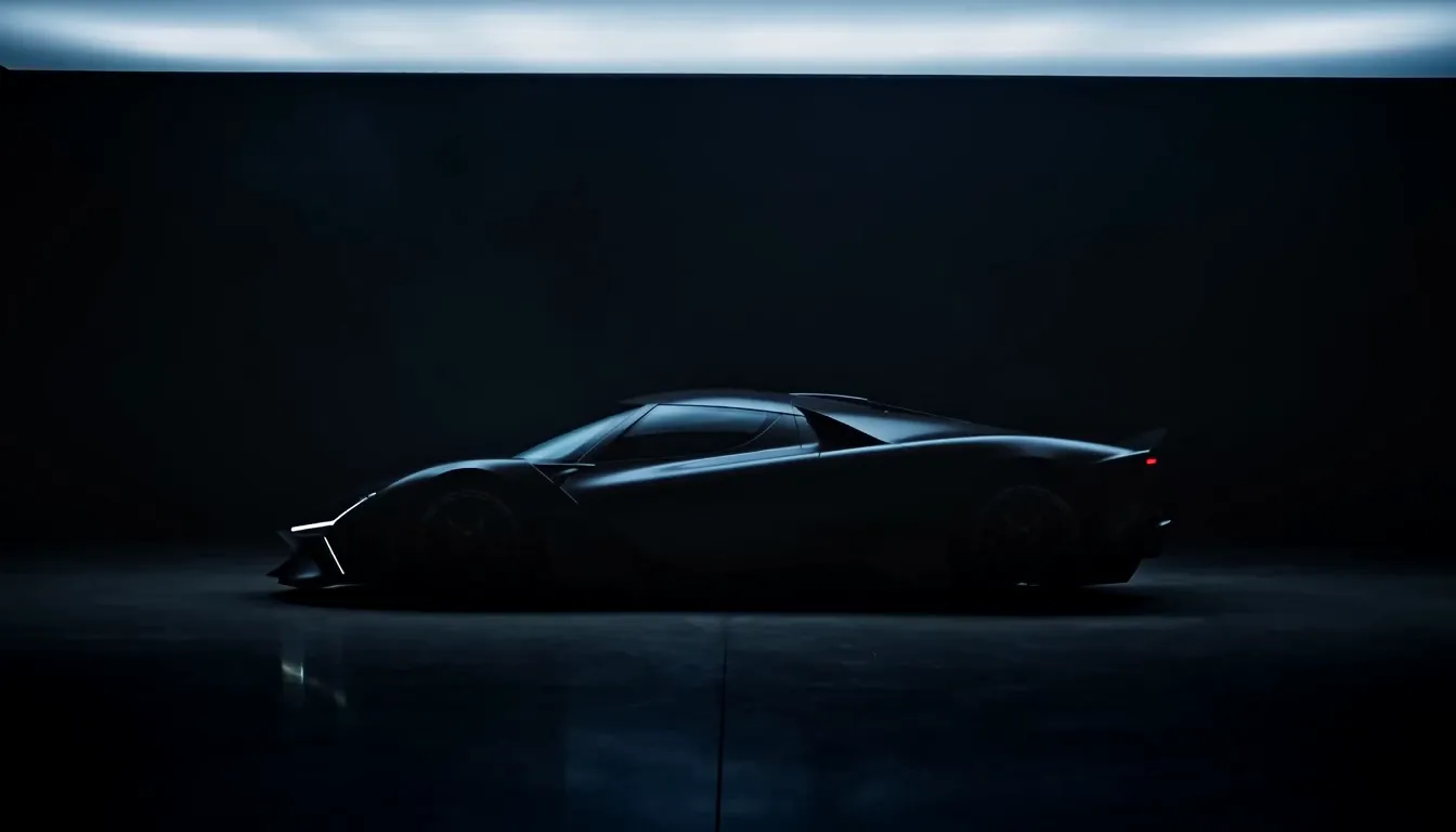 The Velum plate — one car under a single light in the Modena atelier